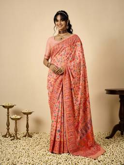 Sareemall - Women's Cotton Silk Peach Woven Design Saree