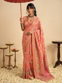 Sareemall - Women's Cotton Silk Peach Woven Design Saree