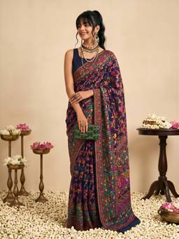 Sareemall - Women's Cotton Silk Navy Blue Woven Design Saree