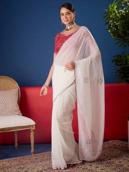 Sareemall - Women's Chiffon White Embellished Saree