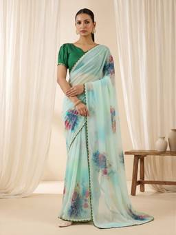 Sareemall - Women's Georgette Green Printed Saree