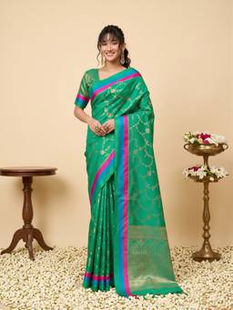Sareemall - Women's Pure Silk Teal green Woven Design Saree