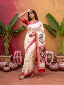 Sareemall - Women's Silk Blend Off White Printed Celebrity Saree