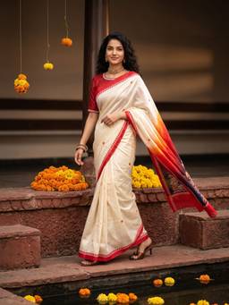 Sareemall - Women's Silk Blend Off White Printed Celebrity Saree
