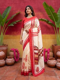 Sareemall - Women's Silk Blend Off White Printed Celebrity Saree
