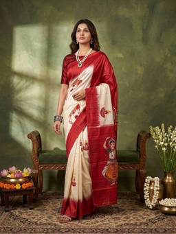 Sareemall - Women's Silk Blend Off White Printed Celebrity Saree