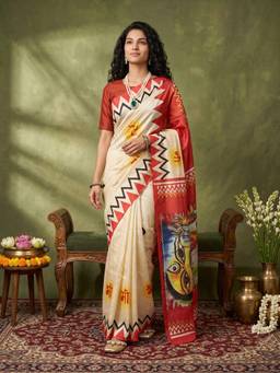 Sareemall - Women's Silk Blend Off White Printed Celebrity Saree