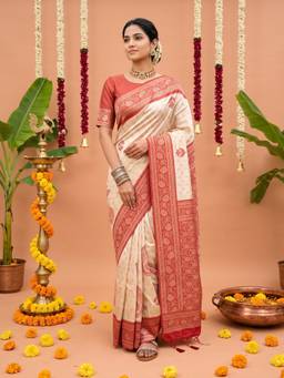 Sareemall - Women's Satin Silk Off White Woven Design Saree