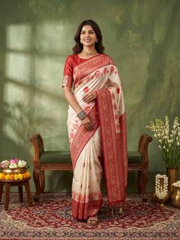 Sareemall - Women's Satin Silk Off White Woven Design Saree