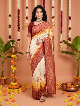 Sareemall - Women's Satin Silk Off White Woven Design Saree