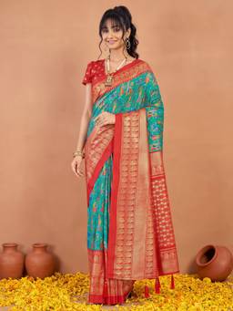 Akhilam - Light Blue Cotton Blend Woven Saree