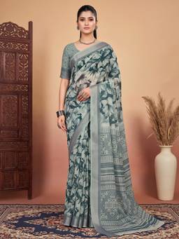 Akhilam - Green Cotton Linen Printed Saree