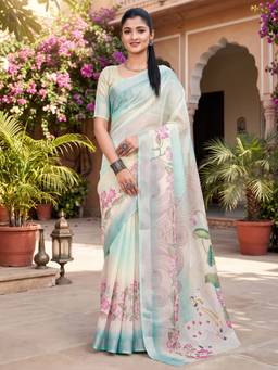 Akhilam - Light Blue Cotton Linen Printed Saree