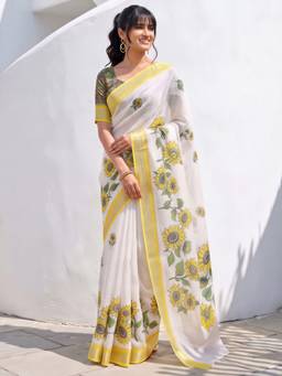 Akhilam - White Cotton Linen Printed Saree
