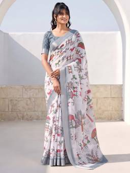 Akhilam - Women'S Cotton Linen White Digital Print Saree