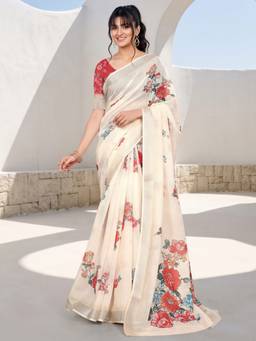 Akhilam - Cream Cotton Linen Printed Saree