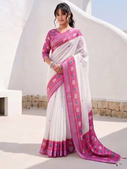 Akhilam - White Cotton Linen Printed Saree