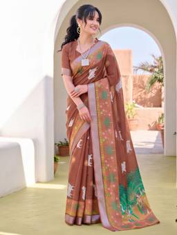 Akhilam - Women'S Cotton Linen Brown Digital Print Saree