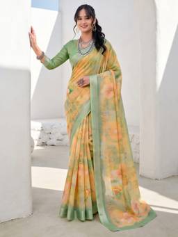 Akhilam - Yellow Cotton Linen Printed Saree