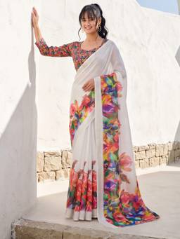 Akhilam - White Cotton Linen Printed Saree
