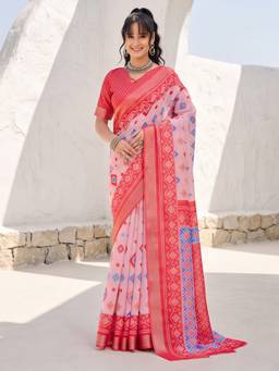 Akhilam - Pink Cotton Linen Printed Saree