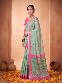 Sareemall - Women's Cotton Linen Sea Green Digital Print Saree