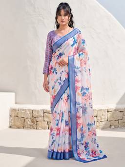 Akhilam - Off White Cotton Linen Printed Saree