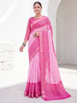 Akhilam - Pink Cotton Linen Printed Saree