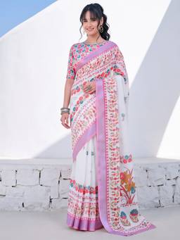 Akhilam - White Cotton Linen Printed Saree