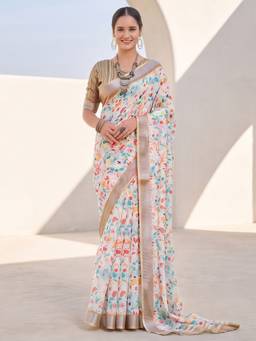 Akhilam - White Cotton Linen Printed Saree