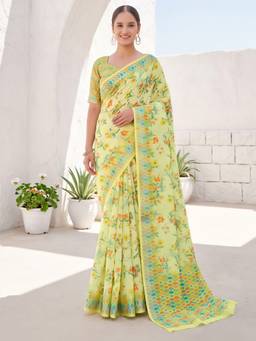 Akhilam - Light Green Cotton Linen Printed Saree
