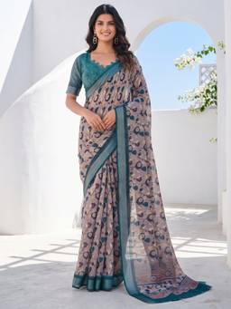 Akhilam - Taupe Cotton Linen Printed Saree