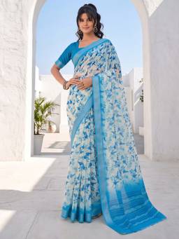 Akhilam - Blue Cotton Linen Printed Saree