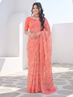 Akhilam - Peach Cotton Linen Printed Saree