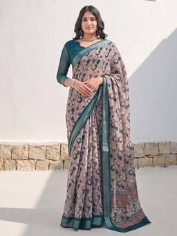 Akhilam - Taupe Cotton Linen Printed Saree