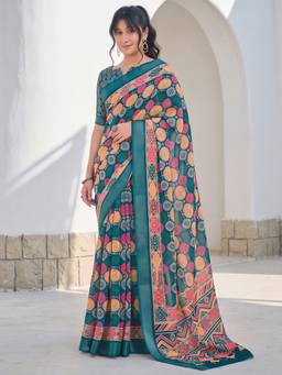 Akhilam - Teal Cotton Linen Printed Saree
