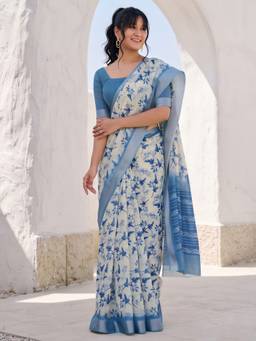 Akhilam - Off White Cotton Linen Printed Saree