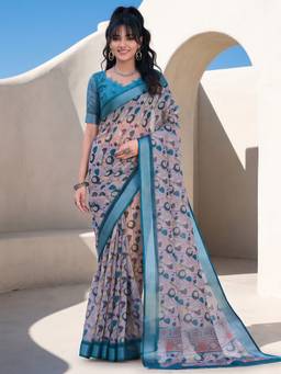 Akhilam - Taupe Cotton Linen Printed Saree
