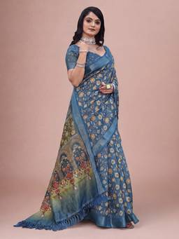 Sareemall - Women's Cotton Silk Teal blue Digital Print Saree