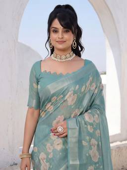 Akhilam - Women'S Cotton Silk Light Blue Digital Print Saree