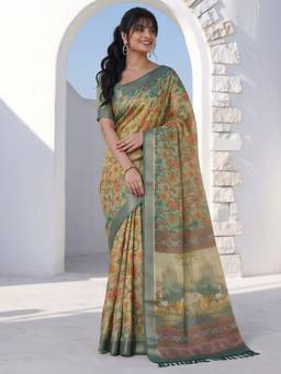 Akhilam - Women'S Cotton Silk Multicolor Digital Print Saree