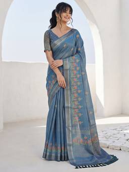 Akhilam - Women'S Cotton Silk Teal Blue Digital Print Saree