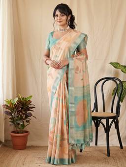 Akhilam - Women'S Cotton Silk Peach Woven Saree