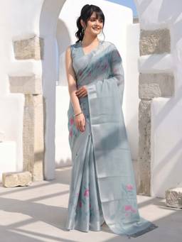 Akhilam - Women'S Cotton Silk Grey Digital Print Saree