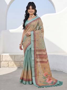 Akhilam - Women'S Cotton Silk Multicolor Digital Print Saree