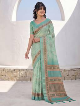 Akhilam - Women'S Cotton Silk Mint Green Digital Print Saree