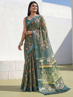 Akhilam - Women'S Cotton Silk Sea Green Digital Print Saree