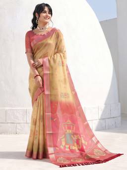 Akhilam - Women'S Cotton Silk Yellow Digital Print Saree