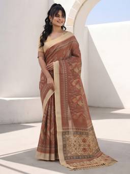 Akhilam - Women'S Cotton Silk Light Brown Digital Print Saree