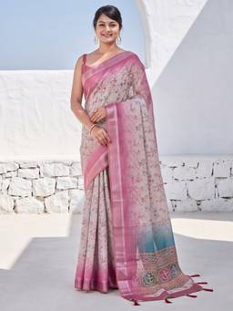 Akhilam - Women'S Cotton Silk Grey Digital Print Saree